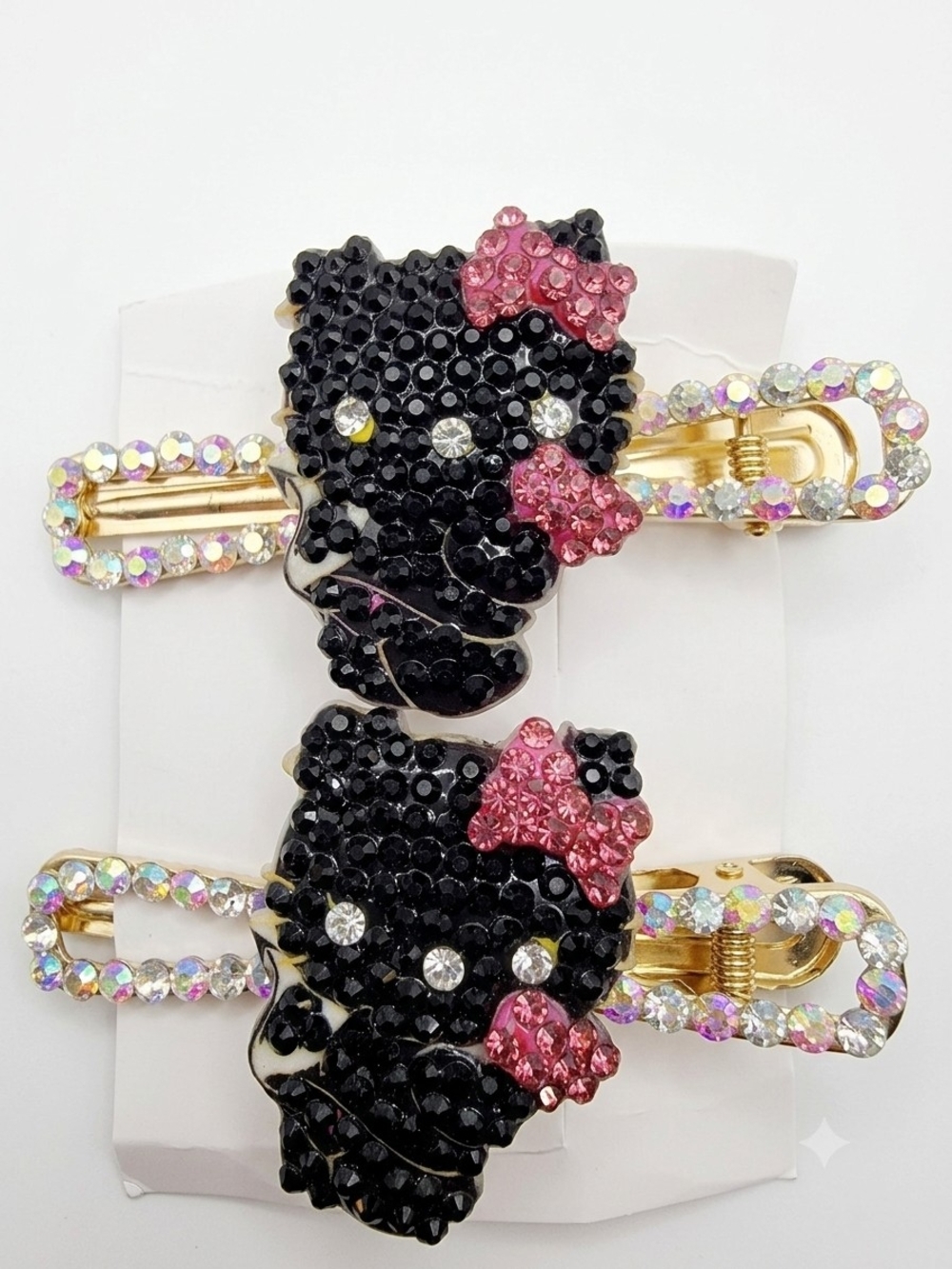 Kids Black and Pink Hello Kitty Rhinestone Hair Clips - Cute Twin Set